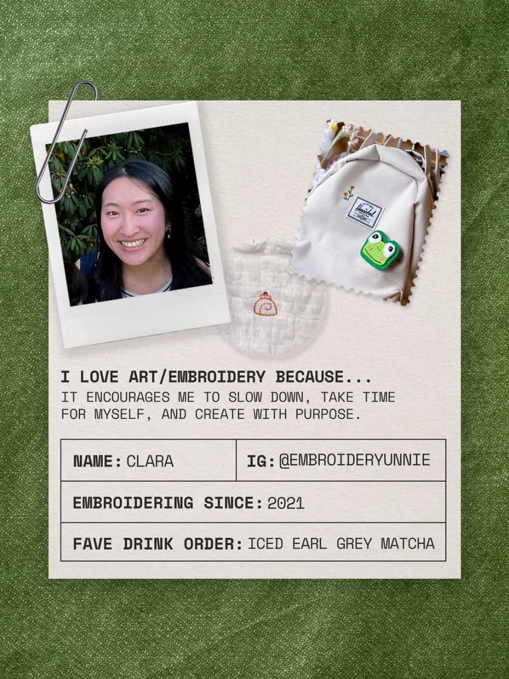 Artist spotlight post for Clara: a polaroid portrait, her embroidery work, and a card listing why she loves embroidery, how long she’s embroidered, and her favourite drink order