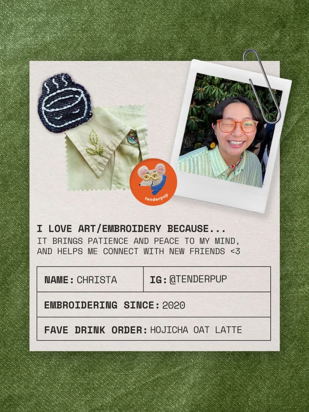 Artist spotlight post for Christa: a polaroid portrait, embroidered patches, and a card listing why she loves embroidery, how long she’s embroidered, and her favourite drink order