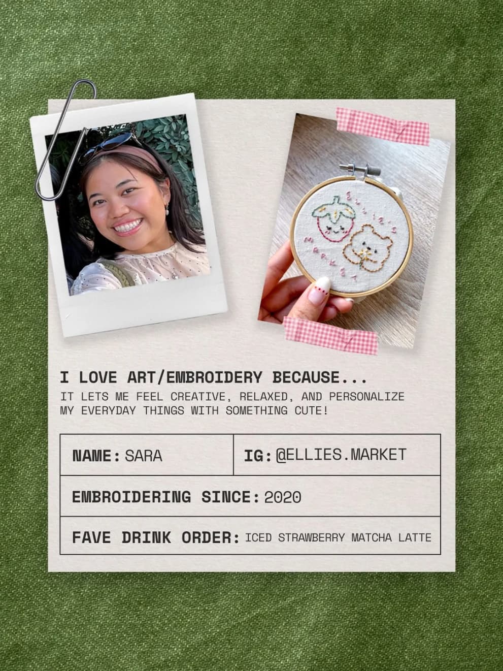 Artist spotlight post for Sara: a polaroid portrait, an embroidery hoop, and a card listing why she loves embroidery, how long she’s embroidered, and her favourite drink order