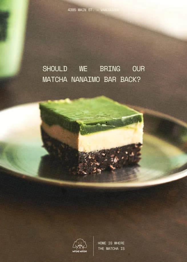Instagram post asking “Should we bring our matcha Nanaimo bar back?” over a photo of the bar on a plate