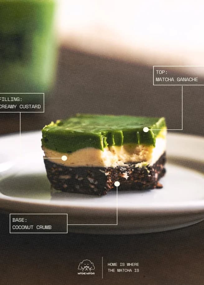 Instagram post showing the matcha Nanaimo bar from the side, with callout labels for each layer