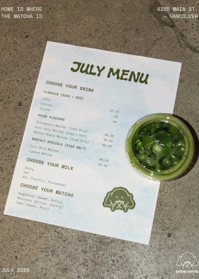 Instagram post of the Mitchie Matcha July menu card next to an iced matcha