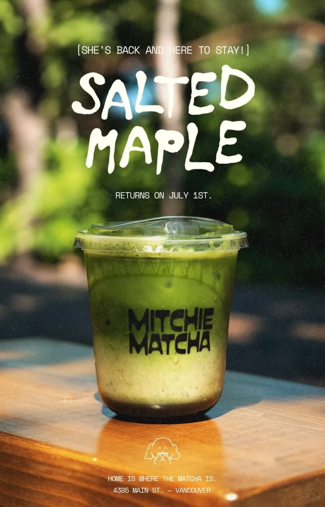 Instagram post announcing the Salted Maple matcha’s return on July 1st, shown in a Mitchie Matcha cup on a sunny table
