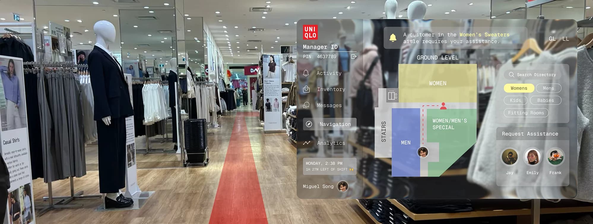 AR glasses view inside a Uniqlo store: a translucent manager dashboard with a floor map, a customer assistance alert and teammates to call