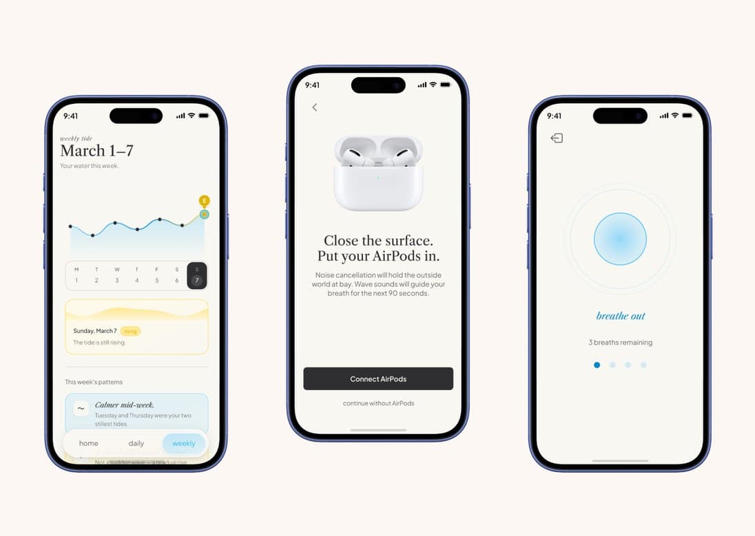 Still app screens on three iPhones