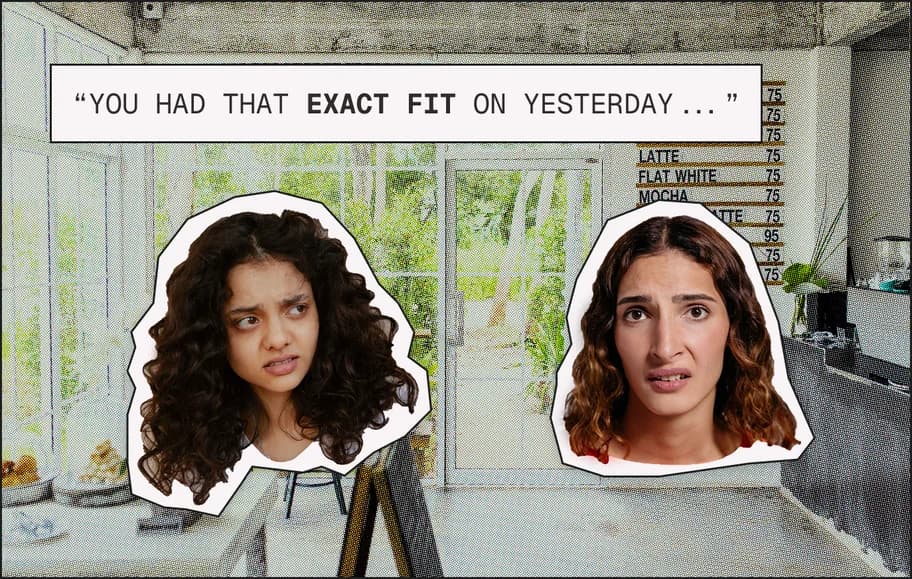 Collage of two women pulling unimpressed faces in a bright room