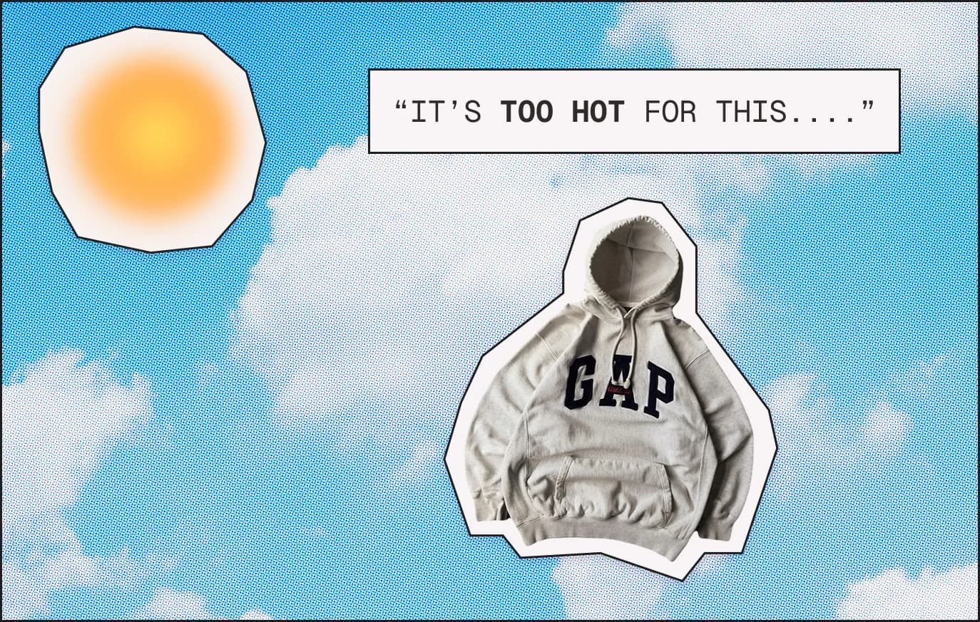 Collage of a grey hoodie and a blazing sun against a blue sky